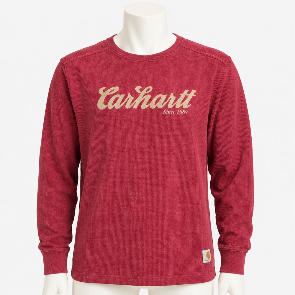 Carhartt Logo Thermal Long Sleeve Shirt Men's Medium Red Relaxed Fit Waffle Knit